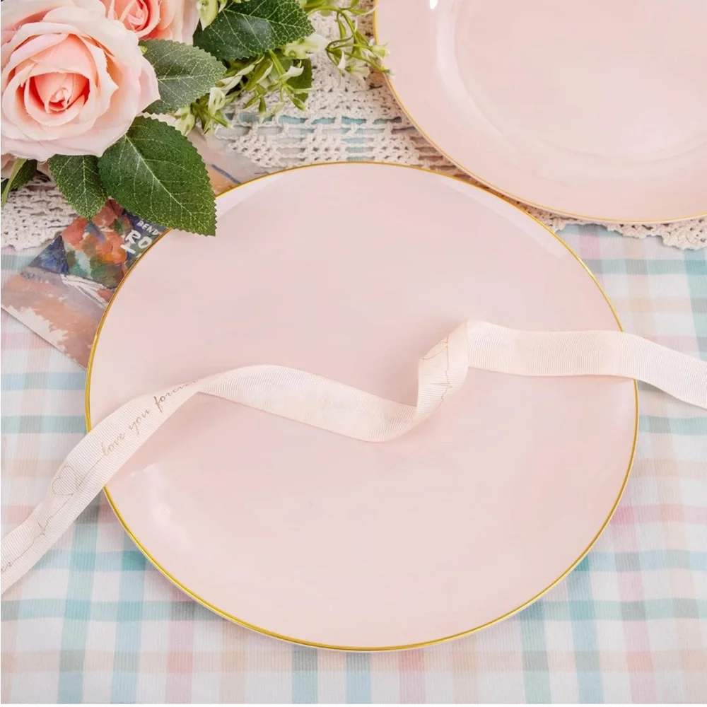 100PCS Pink Disposable Plates w Gold Rim 10.25 inch Ideal for Wedding💒&Party🥳